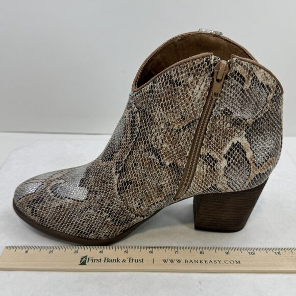 Very G Womens Size 11 Tan Snakeskin Hijack Ankle Booties Zip High Block Heels - Picture 15 of 16